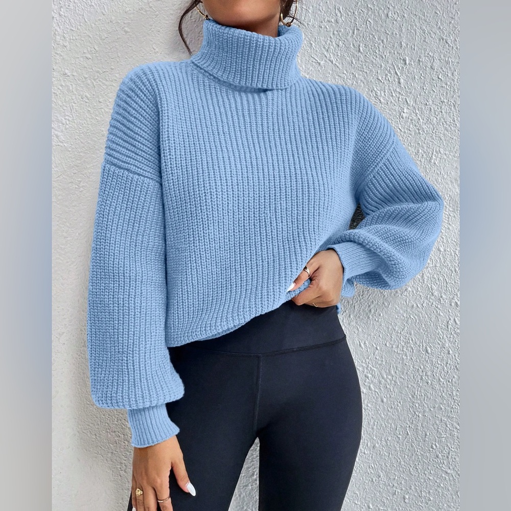 Turtle neck pull over rib knit long sleeve sweater blue - Picture 7 of 15
